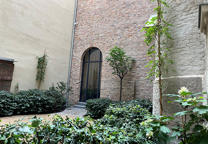 Immergrüne Pflanzen rahmen einen Weg ein im Hof eines Stadthauses