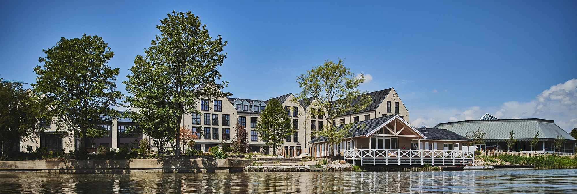 Drei große Bäume stehen vor einem modernen Hotelkomplex