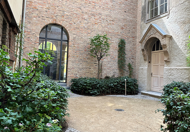 Es soll mal ein lauschiger, schattiger Hinterhof werden. Noch neu angelegt mir jungen Pflanzen.