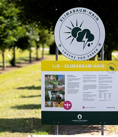 Klimawandelbäume Stadtbaum der Zukunft Klimawandel Eingangsschild zum Klimahain der Baumschule Lorenz von Ehren