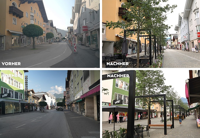 Vier Bilder der Fußgängerzone in Wörgl früher und heute
